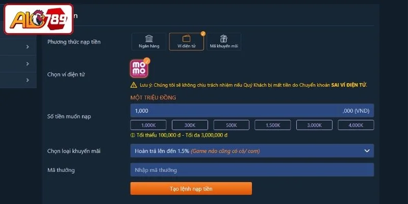 Giao dịch qua ví điện tử tại ALO789