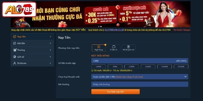 Nạp tiền ALO789 qua ngân hàng nhanh chóng